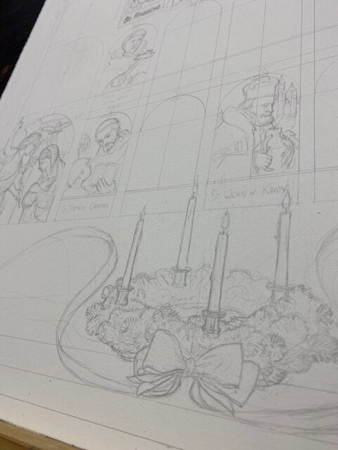 Advent wreath, pencil sketch by John Folley