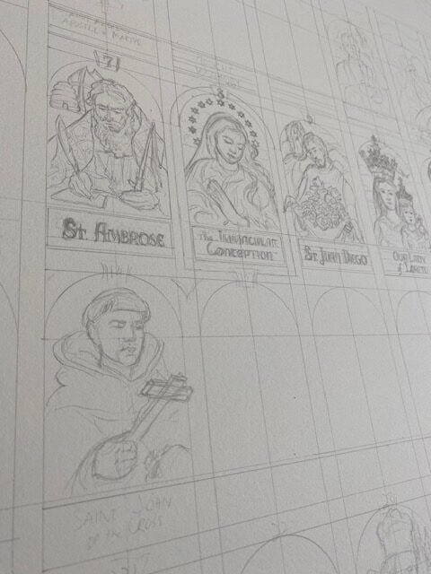 Saints and feasts, pencil sketch by John Folley