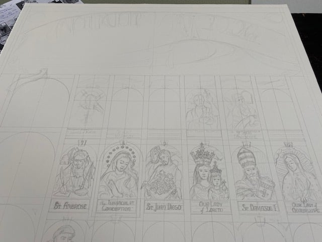 Full Novus Ordo calendar poster layout, pencil sketch by John Folley